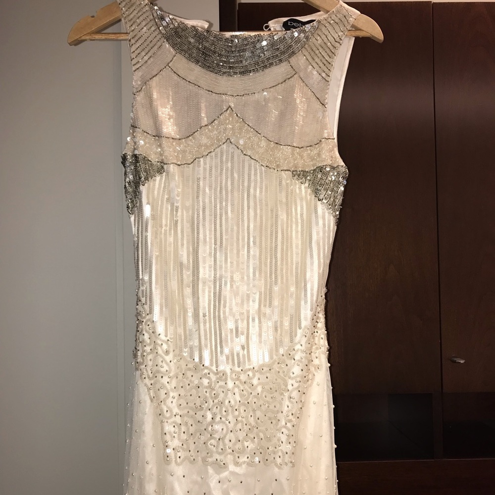 BEBE long dress white boatneck bead sequin fringe